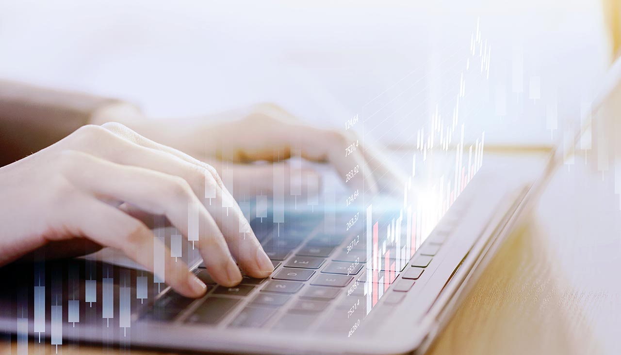 Unrecognizable female employee marketing analyst working on laptop in modern office, researching stocks, female hands typing on computer keyboard, double exposure creative image, panorama