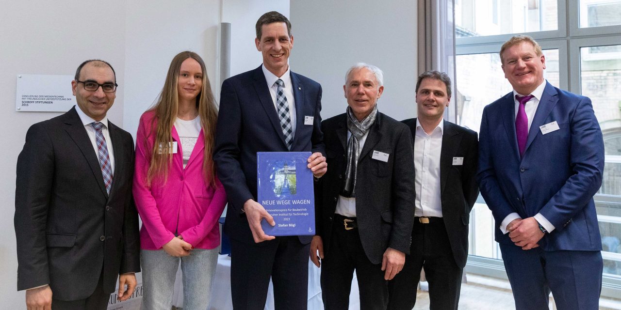 Personen von links: Prof. Shervin Haghsheno, Theresa Bögl, Stefan Bögl, Frank Bastuck, Prof. Sascha Gentes, Prof. Kunibert Lennerts